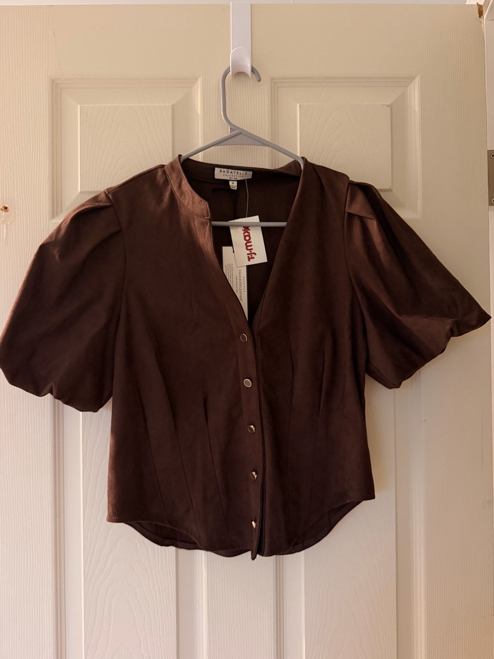Bagatelle Brown Puff Sleeve Button Up Top